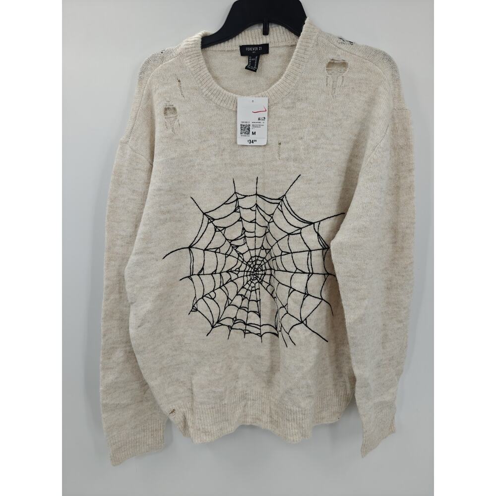 Off White Forever 21 Spider Web Design Distressed Sweater Oversized Fit